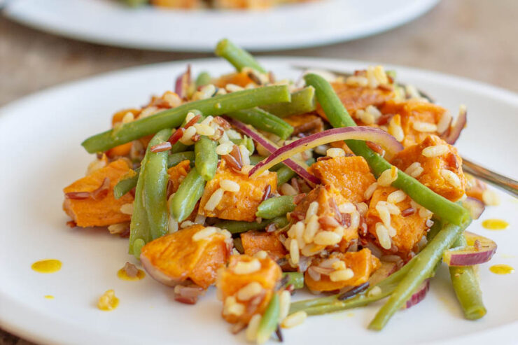 Salade de patate douce rôtie et haricots verts au curcuma au Thermomix